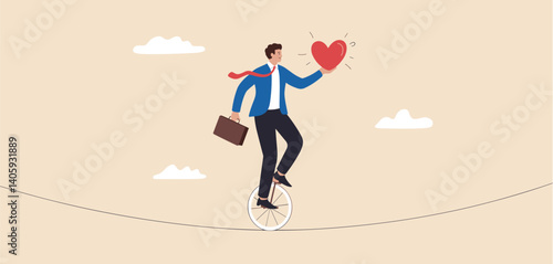 Businessman riding a unicycle on a tightrope while holding a briefcase and a glowing heart
