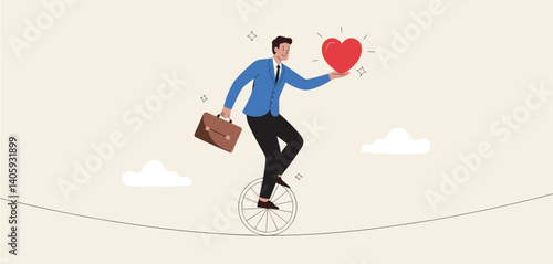 Businessman riding a unicycle on a tightrope while holding a briefcase and a glowing heart
