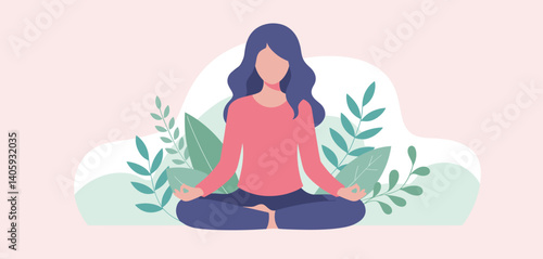 Young woman practicing meditation in lotus pose for wellness and mindfulness, flat style vector illustration with calm vibe
