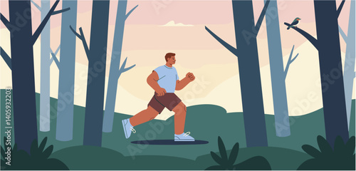 Man running in a forest landscape at dusk or dawn
