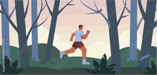 Man running in a forest landscape at dusk or dawn
