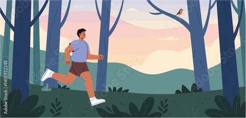 Man running in a forest landscape at dusk or dawn
