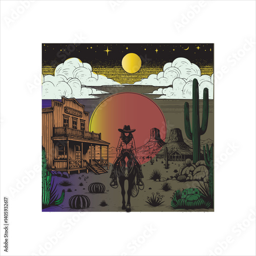 Sunset Western Landscape with Cowgirl and Horse