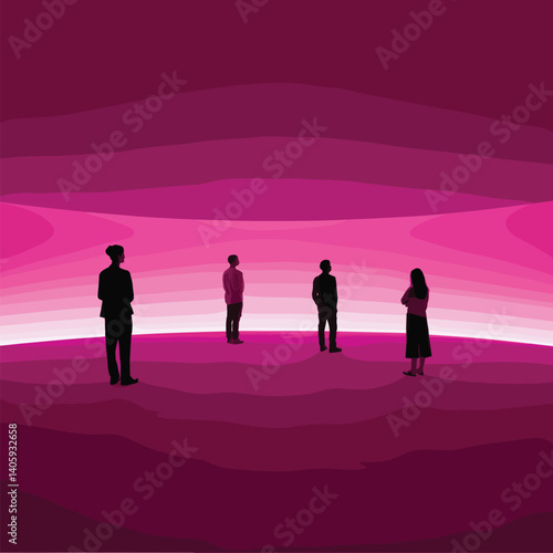 Silhouettes of four figures standing apart in a vast, abstract pink landscape
