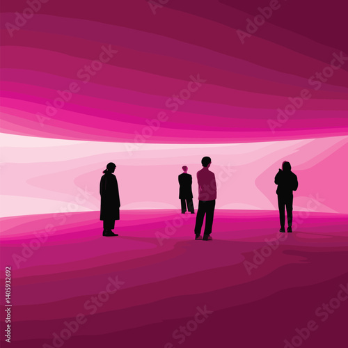 Silhouettes of four figures standing apart in a vast, abstract pink landscape
