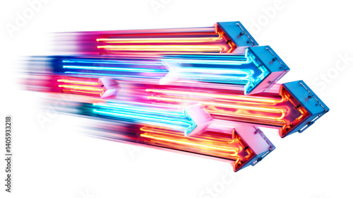 Colorful neon arrows in motion on a transparent background