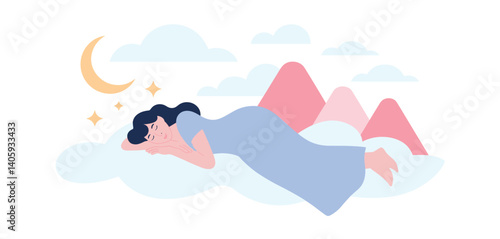 Woman sleeping peacefully on a cloud under a crescent moon and stars
