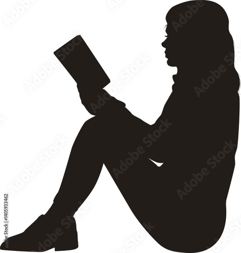 a child sitting and reading book, silhouette vector
