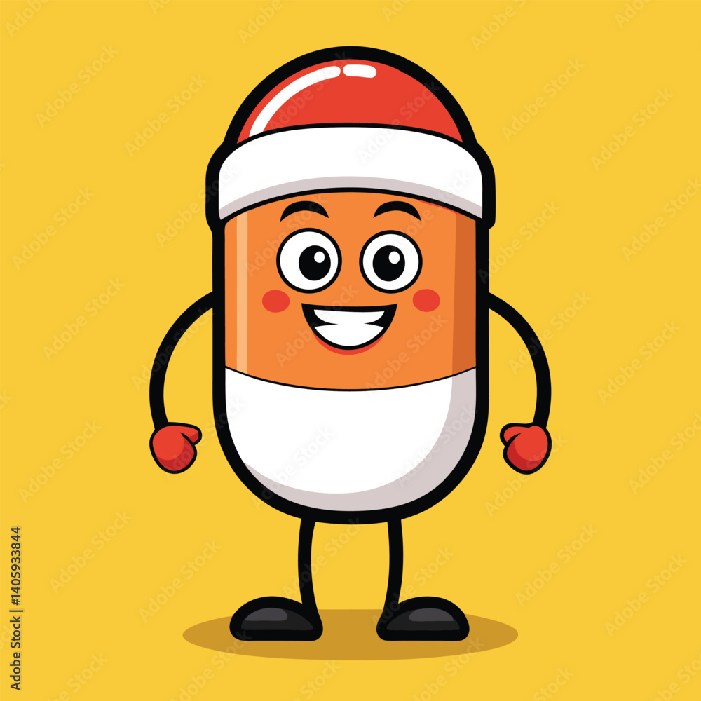 Cute cartoon character in a cap, smiling and standing confidently on a yellow background, vector illustration. Cute cartoon character in a cap, smiling and standing confidently on a yellow background, vector illustration.