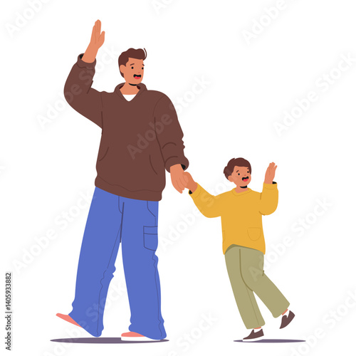 Father and son cartoon characters smiling gesturing goodbye waving hands while going outside