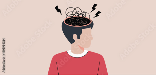 Man with tangled thoughts and lightning bolts around his head, concept of mental stress
