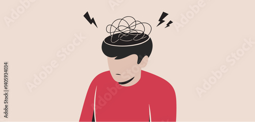 Man with tangled thoughts and lightning bolts around his head, concept of mental stress
