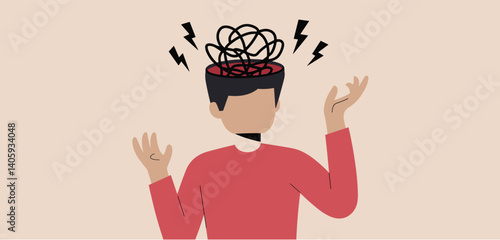 Man with tangled thoughts and lightning bolts around his head, concept of mental stress
