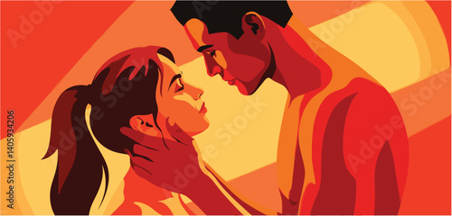 Close-up illustration of a couple looking at each other with affection
