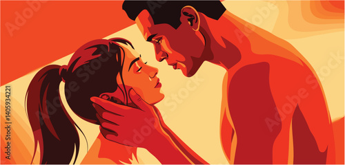 Close-up illustration of a couple looking at each other with affection
