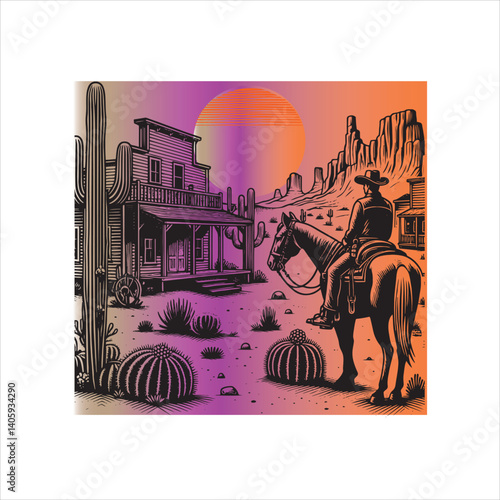 Title: Western Valley Landscape with Horse Rider and Cactus