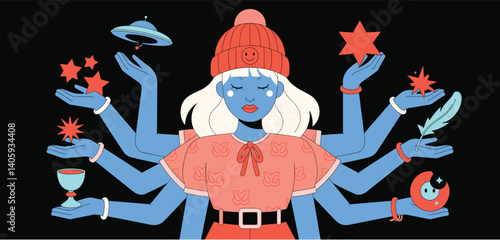 Mystical woman with multiple arms holding celestial and symbolic objects
