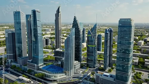 Aerial view of modern city skyline with skyscrapers and green spaces.