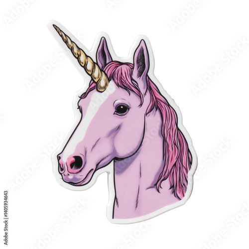 Realistic sticker of a unicorn head in lavender with thin black outline on transparent background, no shadow, mythical creature, magical