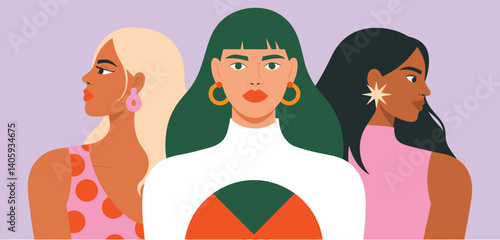 Three stylish and diverse women standing together in a fashionable setting
