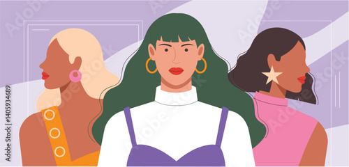 Three stylish and diverse women standing together in a fashionable setting
