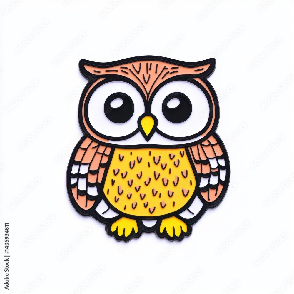 Fototapeta premium Cute cartoon owl character with big eyes and colorful feathers isolated on white background for creative projects