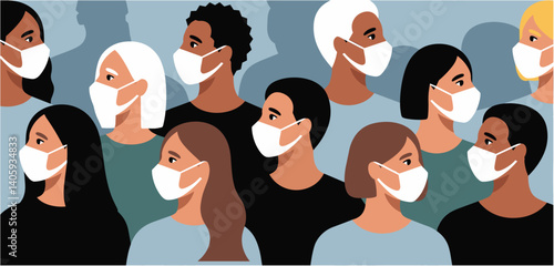 Crowd of diverse people wearing protective face masks
