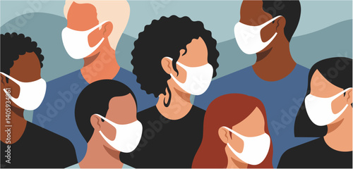 Crowd of diverse people wearing protective face masks
