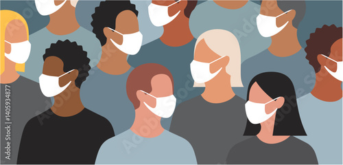 Crowd of diverse people wearing protective face masks
