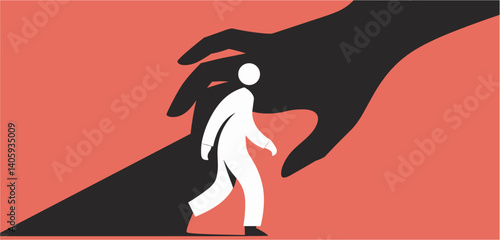 Silhouette of a person walking away from a large, dark hand
