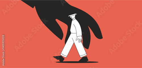 Silhouette of a person walking away from a large, dark hand
