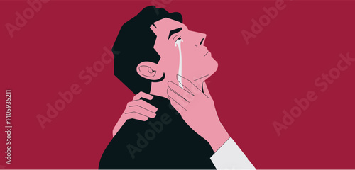 Adobe Illustrator ArtworkMan crying with a hand gently touching his neck, expressing sadness or comfort
