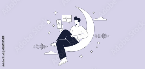 Person sitting on a crescent moon using a smartphone with sound waves displayed
