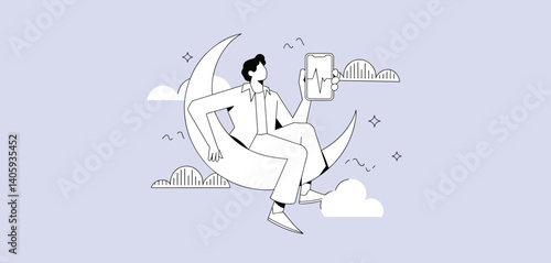 Person sitting on a crescent moon using a smartphone with sound waves displayed
