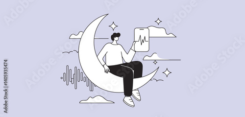 Person sitting on a crescent moon using a smartphone with sound waves displayed
