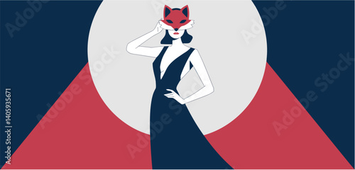 Stylized female silhouette in black dress on red and black geometric background, minimalist fashion illustration
