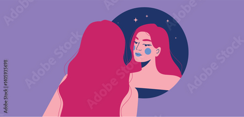 Woman looking at her reflection in a mirror showing a starry night sky
