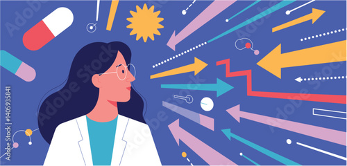 Female doctor looking at fluctuating medical data and pills
