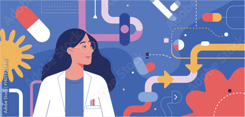 Female doctor looking at fluctuating medical data and pills
