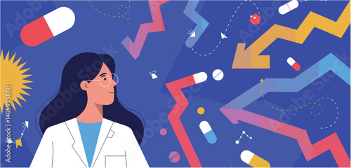 Female doctor looking at fluctuating medical data and pills
