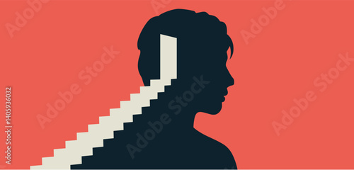 Silhouette of a head with stairs leading out of an open door, representing new possibilities
