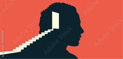 Silhouette of a head with stairs leading out of an open door, representing new possibilities
