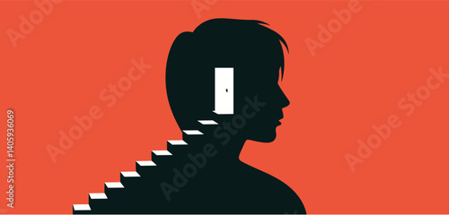 Silhouette of a head with stairs leading out of an open door, representing new possibilities
