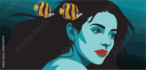 Surreal underwater portrait of woman with heart shapes on cheeks and goldfish swimming around, conceptual fantasy illustration
