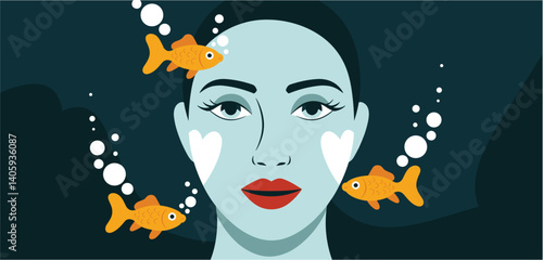 Surreal underwater portrait of woman with heart shapes on cheeks and goldfish swimming around, conceptual fantasy illustration
