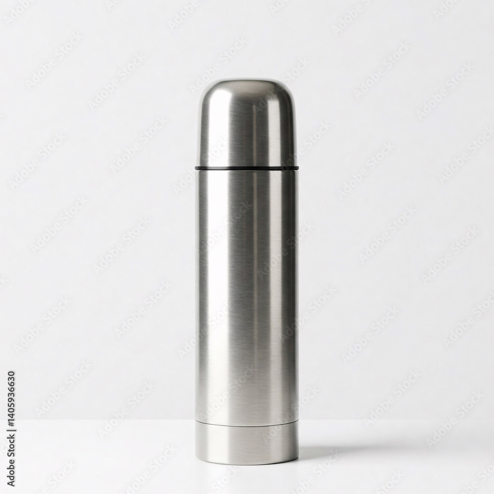 Stainless steel thermos on a white background with reflection. Stainless steel thermos on a white background with reflection.
