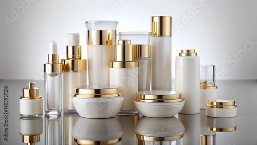 Wallpaper Mural Minimalistic mockup of cream and lotion cosmetic containers in metallic and white tones. Concept of skincare packaging, luxury beauty products design, modern aesthetics.  Torontodigital.ca