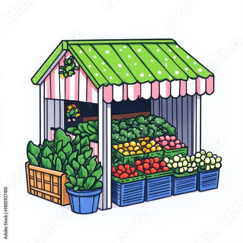 Charming open-air market stall displaying vibrant fresh fruits and vegetables in sunny outdoor setting