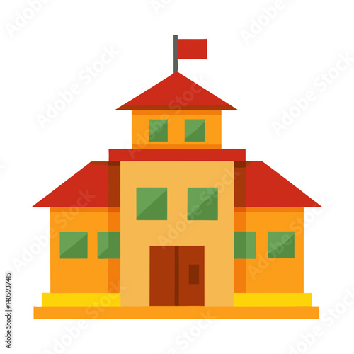 School Building Icon:  A vibrant flat design illustration of a school building with a red roof and a flag on top, signifying education and learning. The building has four windows.