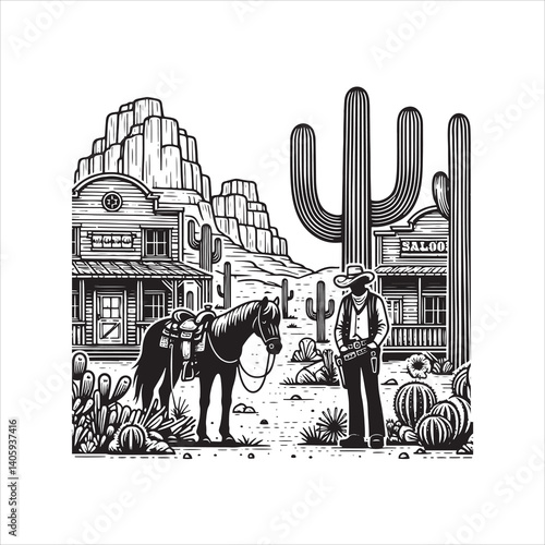 Title: Western Valley Landscape with Horse Rider and Cactus